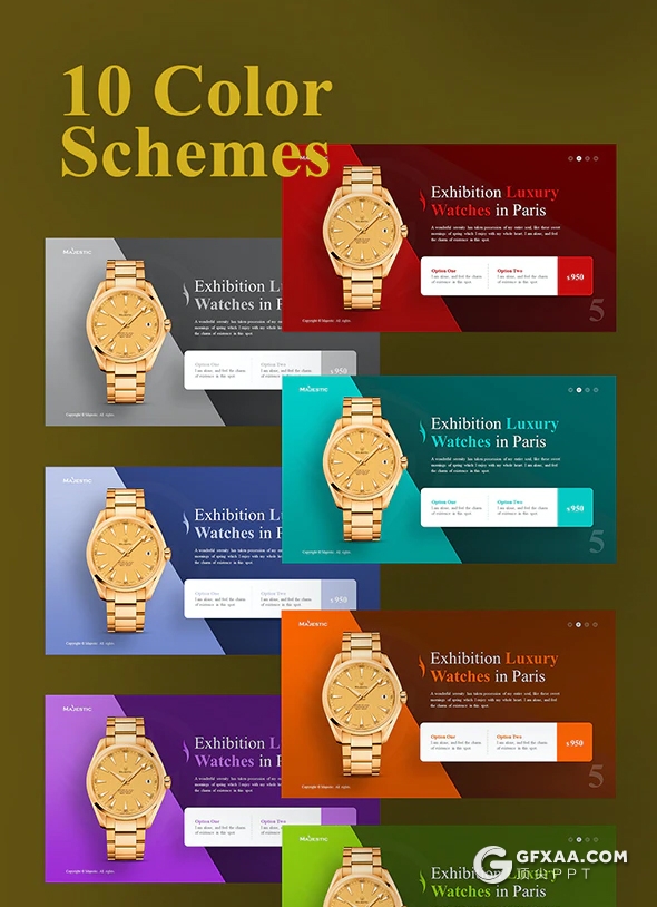 55页优雅豪华酒店介绍奢饰品手表名牌产品宣传介绍电子商务PPT模板11种主题配色 - 顶尖PPT