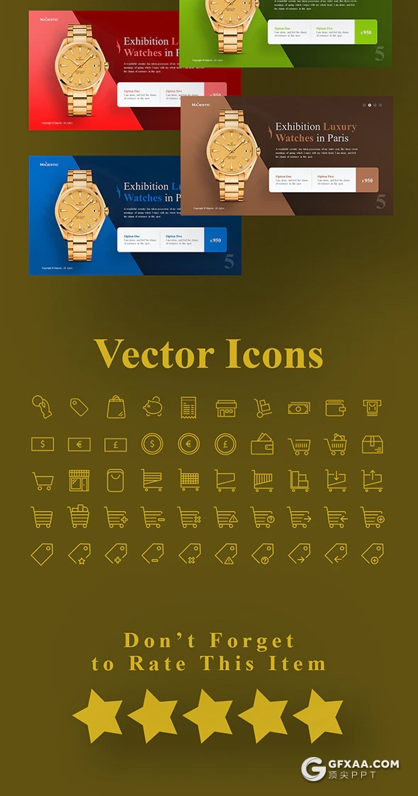 55页优雅豪华酒店介绍奢饰品手表名牌产品宣传介绍电子商务PPT模板11种主题配色 - 顶尖PPT