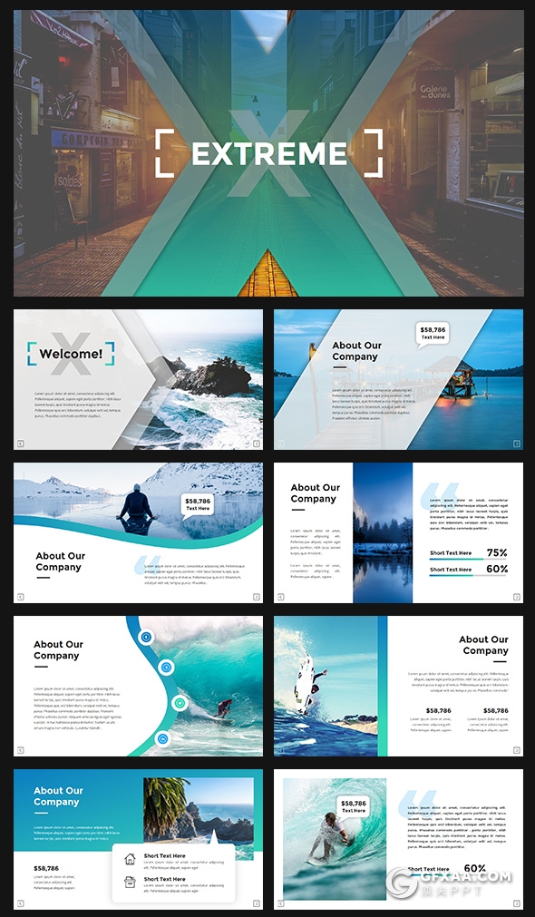 100页国外高端商务风格户外冲浪工作总结数据信息图形通用PPT模板 - 顶尖PPT