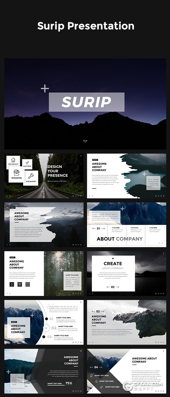 112页国外扁平化户外风景摄影图片展示商务工作汇报总结通用PPT模板 - 顶尖PPT