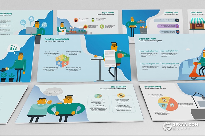 67页不同行业工作环境人物化身卡通人物插画PPT模板 - 顶尖PPT