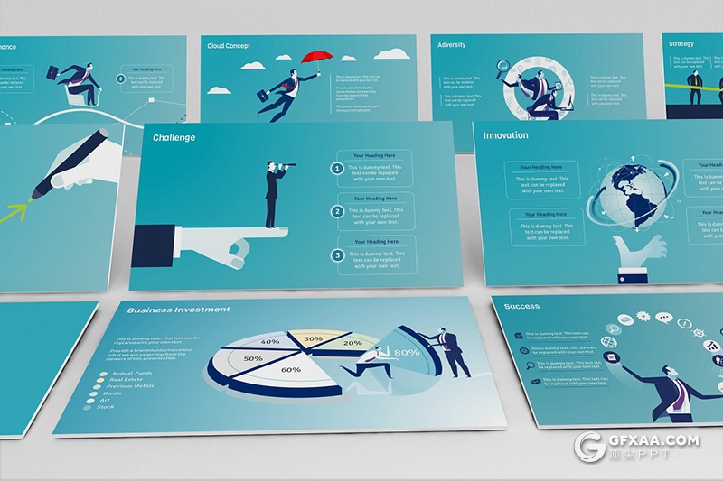 71页卡通插画风格企业战略概念图企业介绍团队合作数据分析PPT插画模板 - 顶尖PPT