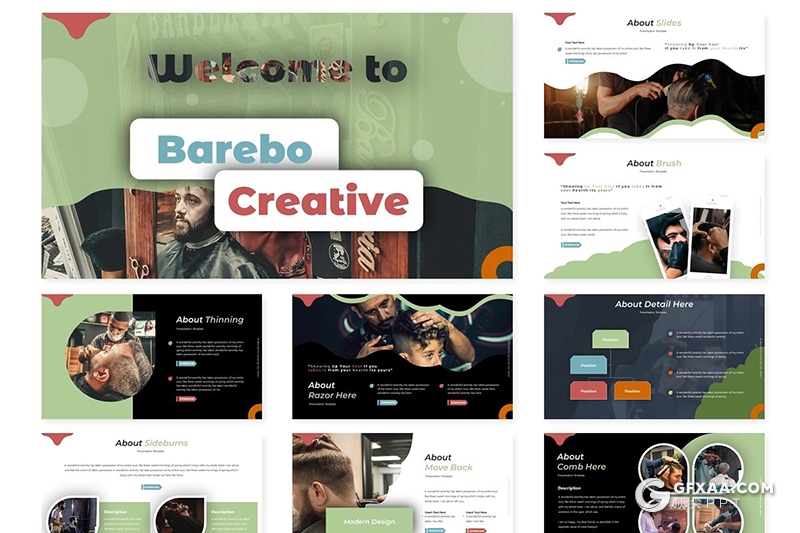 30页创意图形版式设计理发店宣传介绍数据分析PPT模板 - 顶尖PPT