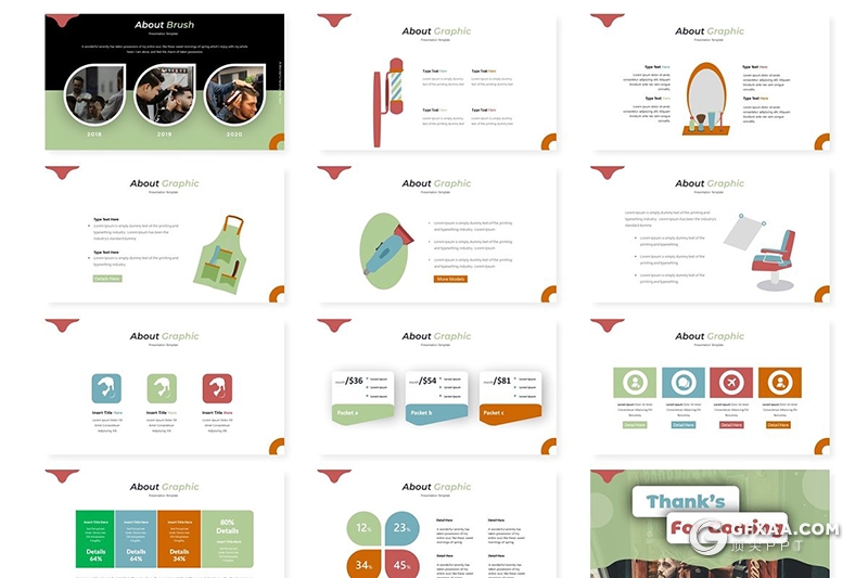 30页创意图形版式设计理发店宣传介绍数据分析PPT模板 - 顶尖PPT
