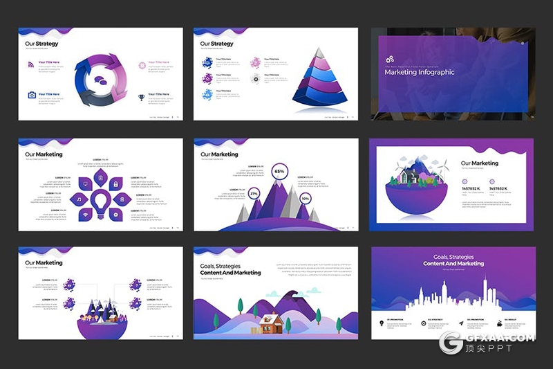 116页紫色渐变创意波浪图形商务工作汇报企业宣传介绍通用PPT模板10种配色 - 顶尖PPT