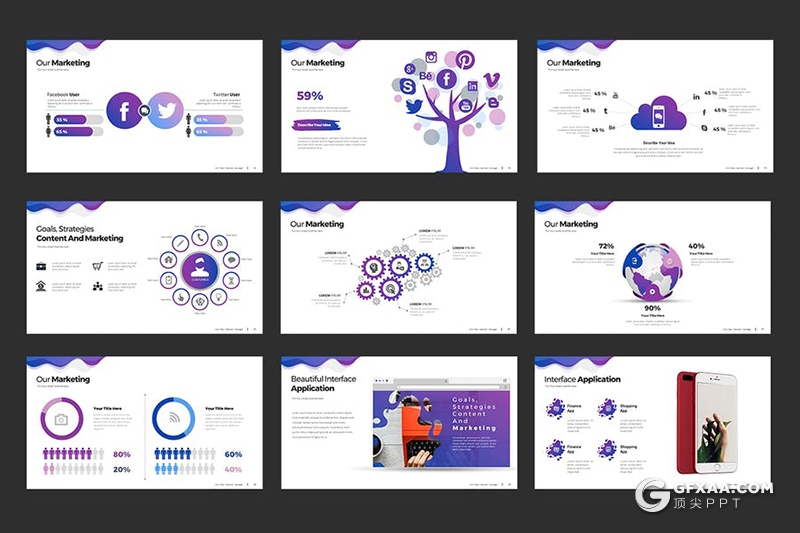 116页紫色渐变创意波浪图形商务工作汇报企业宣传介绍通用PPT模板10种配色 - 顶尖PPT