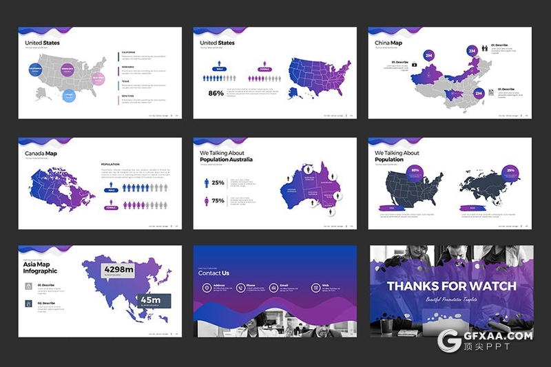 116页紫色渐变创意波浪图形商务工作汇报企业宣传介绍通用PPT模板10种配色 - 顶尖PPT