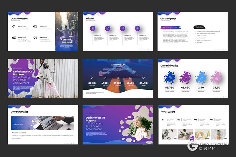 116页紫色渐变创意波浪图形商务工作汇报企业宣传介绍通用PPT模板10种配色 - 顶尖PPT