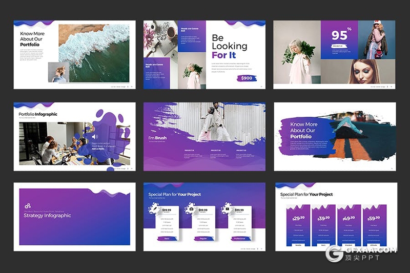 116页紫色渐变创意波浪图形商务工作汇报企业宣传介绍通用PPT模板10种配色 - 顶尖PPT