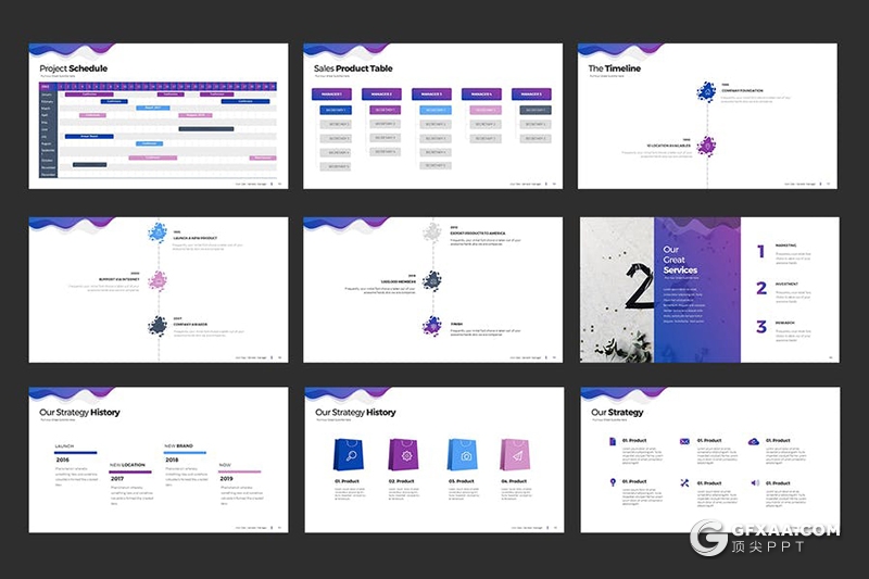 116页紫色渐变创意波浪图形商务工作汇报企业宣传介绍通用PPT模板10种配色 - 顶尖PPT