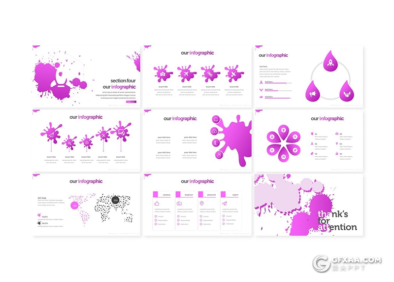 30页创意泼墨墨迹效果PPT模板5种主题配色 - 顶尖PPT