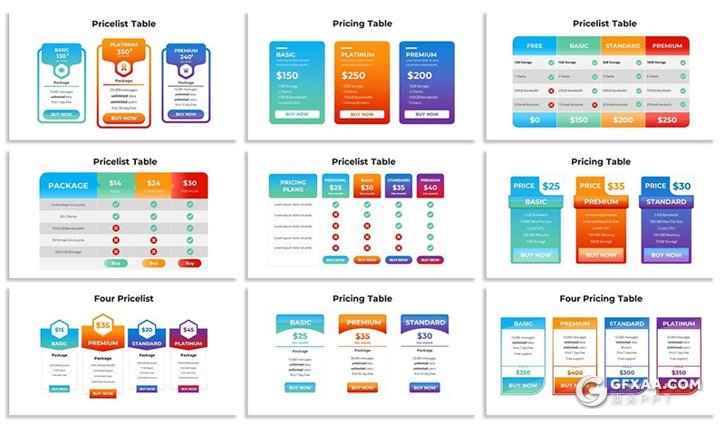 国外创意彩色项目价格表PPT模板6种主题配色 - 顶尖PPT
