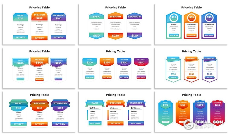 国外创意彩色项目价格表PPT模板6种主题配色 - 顶尖PPT