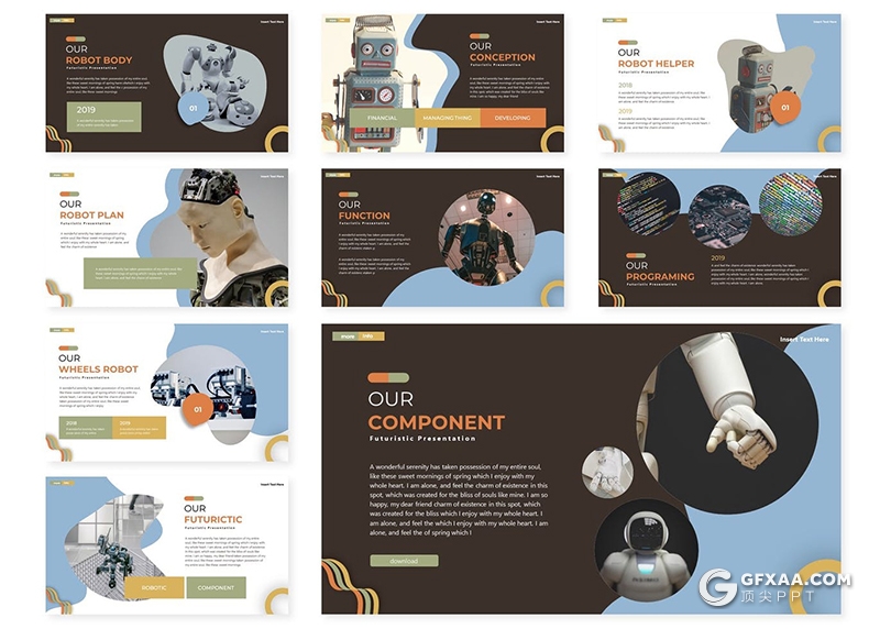 30页卡通风格人工智能机器人宣传介绍PPT模板5种主题配色 - 顶尖PPT