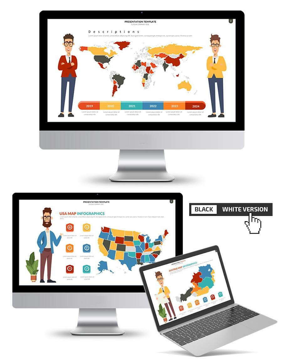 人物插画世界国家地图PPT模板 - 顶尖PPT