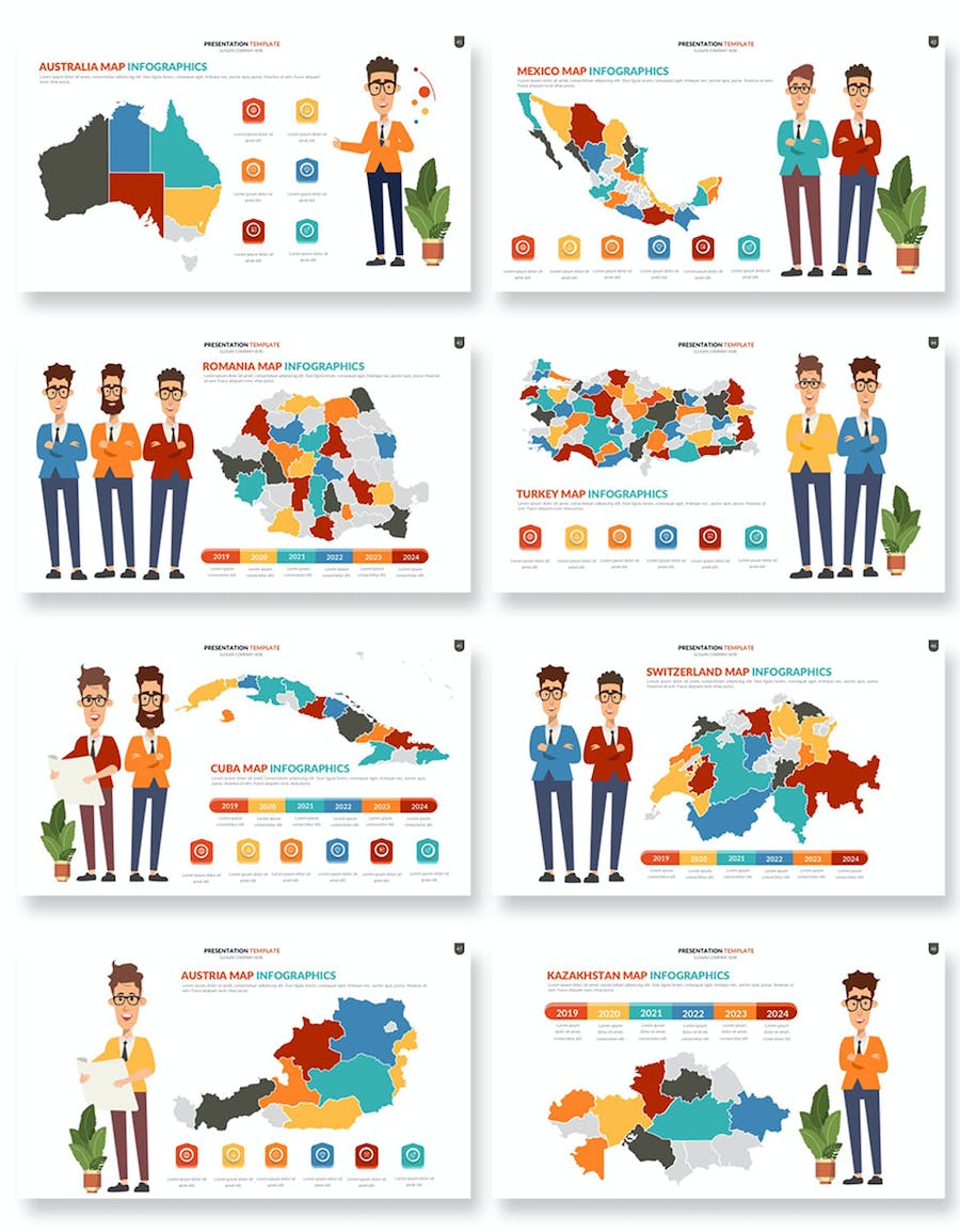 人物插画世界国家地图PPT模板 - 顶尖PPT