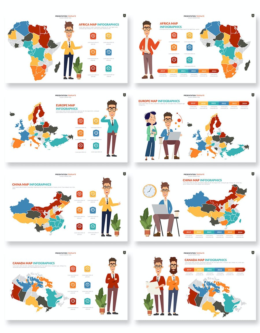 人物插画世界国家地图PPT模板 - 顶尖PPT