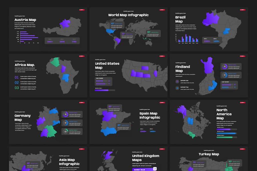 渐变色世界各个国家地图keynote模板 - 顶尖PPT