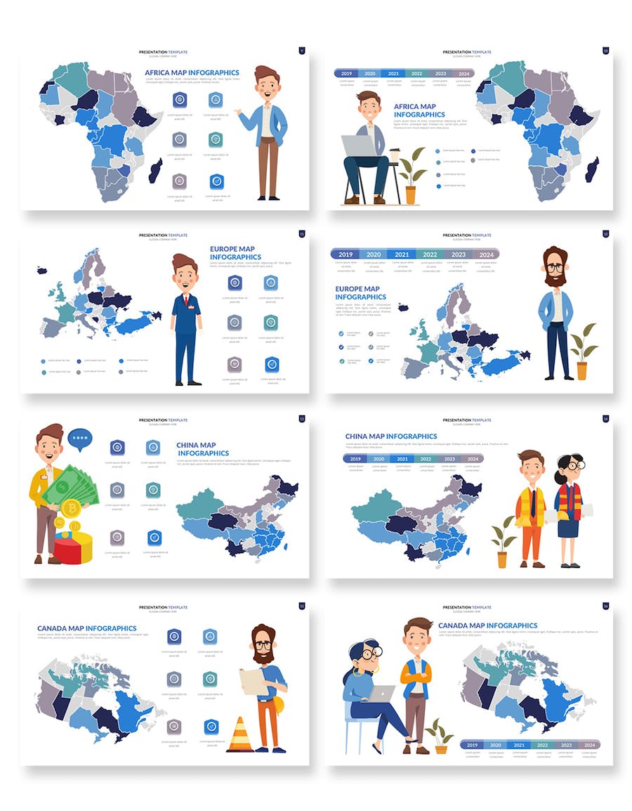 卡通人物插画世界国家地图PPT模板 - 顶尖PPT