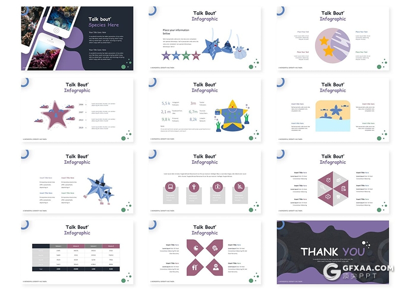 30页创意海洋图形设计海洋生物知识宣传课件PPT模板5种主题配色 - 顶尖PPT