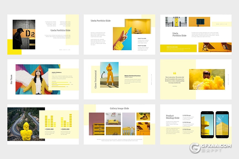 62页黄色渐变扁平化广告品牌宣传业务演示时装展示PPT模板 - 顶尖PPT