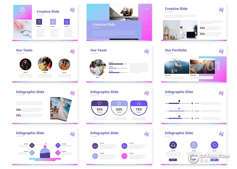 30页欧美时尚蓝紫渐变风格多用途PPT模板5种主题配色 - 顶尖PPT