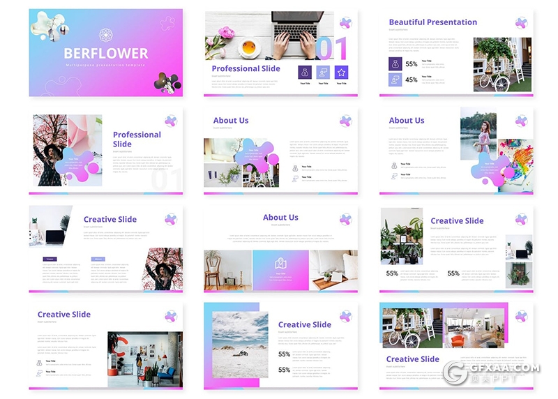 30页欧美时尚蓝紫渐变风格多用途PPT模板5种主题配色 - 顶尖PPT