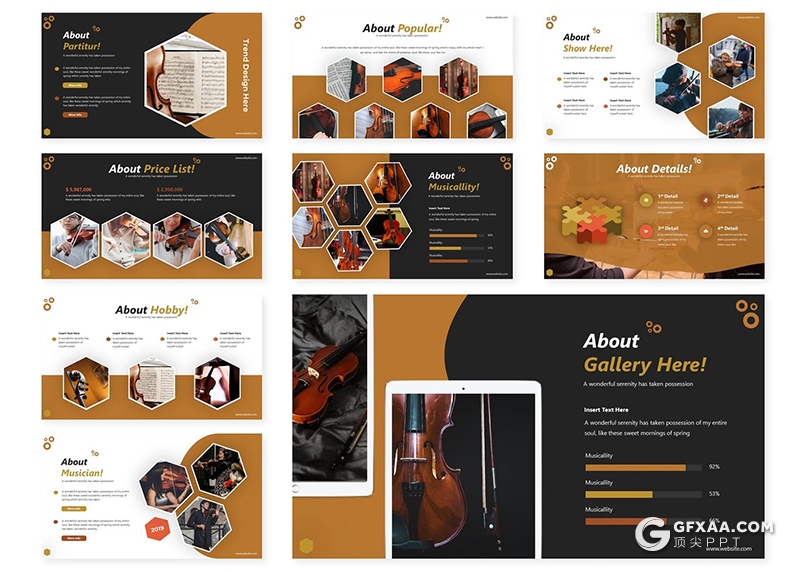 30页卡通风格音乐器械大小提琴产品宣传介绍PPT模板5种主题配色 - 顶尖PPT
