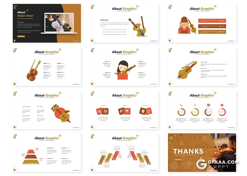 30页卡通风格音乐器械大小提琴产品宣传介绍PPT模板5种主题配色 - 顶尖PPT