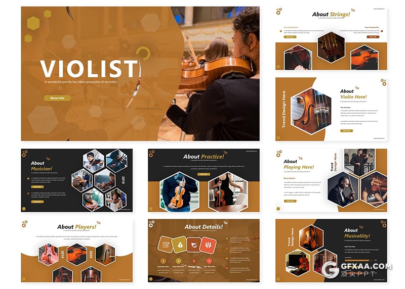 30页卡通风格音乐器械大小提琴产品宣传介绍PPT模板5种主题配色 - 顶尖PPT