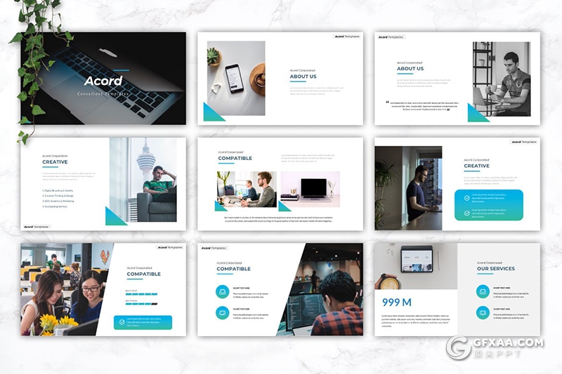 30页蓝绿渐变色商务企业团队介绍项目展示PPT模板5种主题配色 - 顶尖PPT