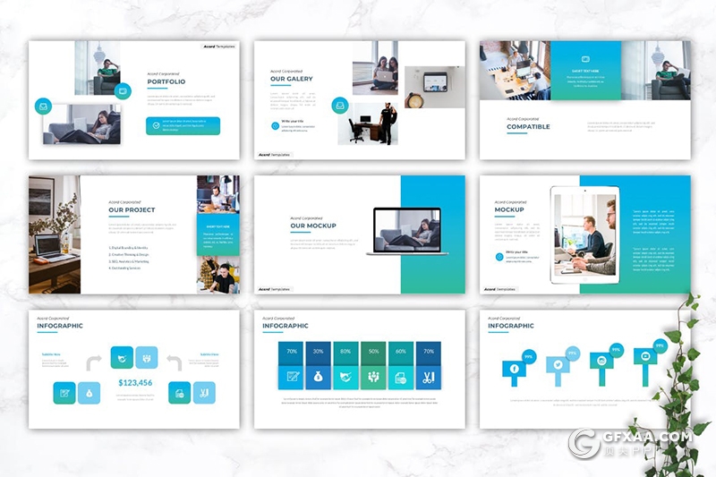 30页蓝绿渐变色商务企业团队介绍项目展示PPT模板5种主题配色 - 顶尖PPT
