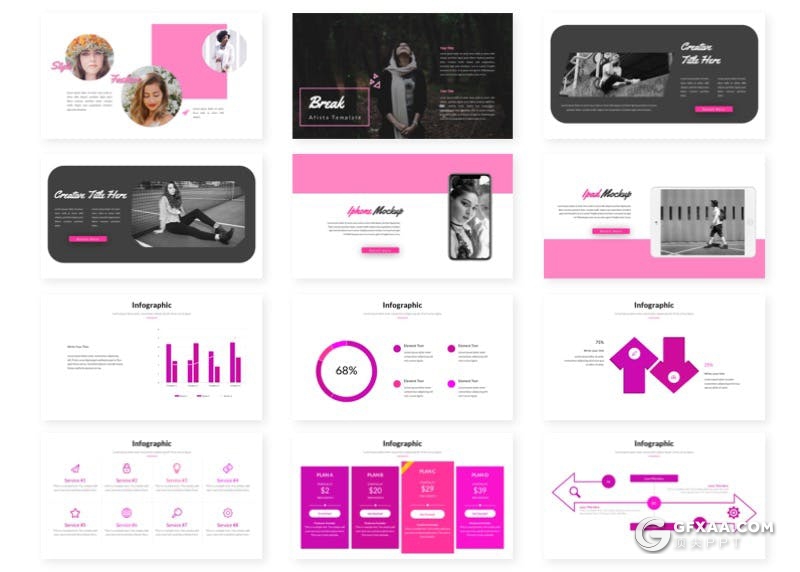 30页时尚流行风格模特写真摄影图片展示PPT模板5种主题配色 - 顶尖PPT