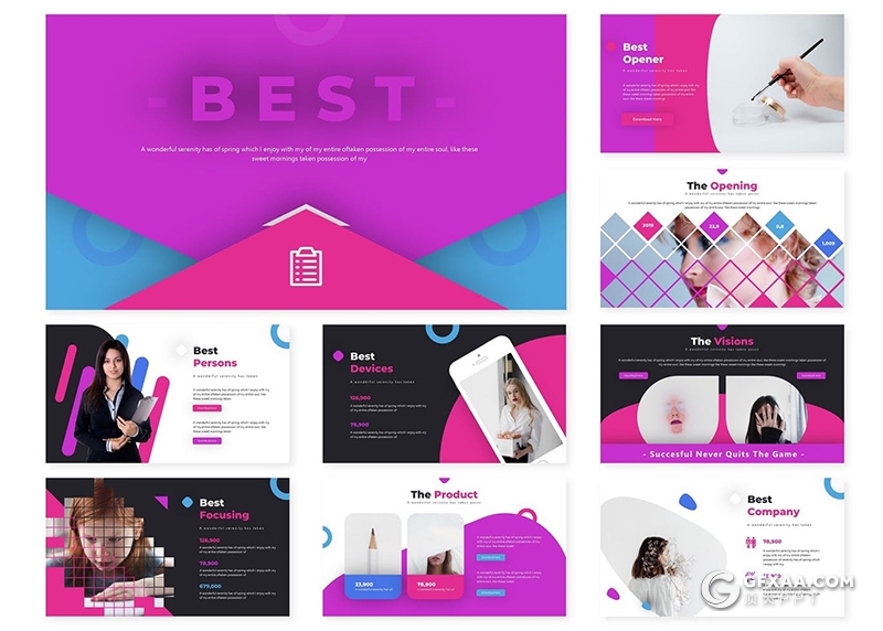 30页创意图形设计组合时尚流行风格PPT模板5种主题配色 - 顶尖PPT