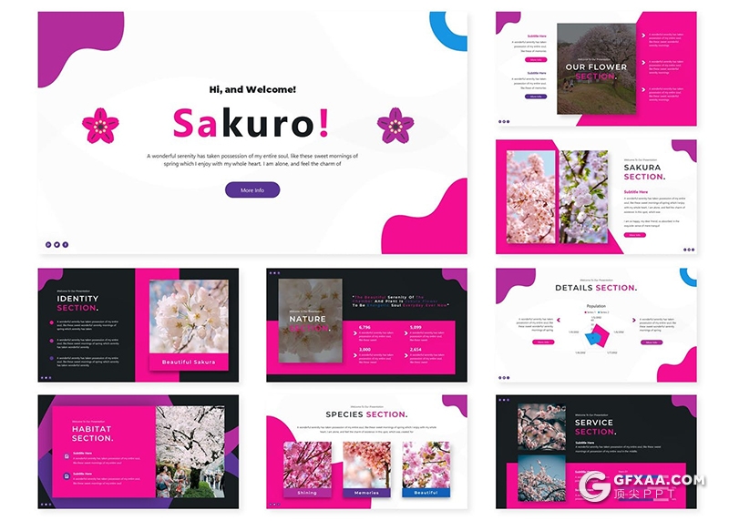 30页创意波浪图形鲜花行业主题PPT模板5种主题配色 - 顶尖PPT