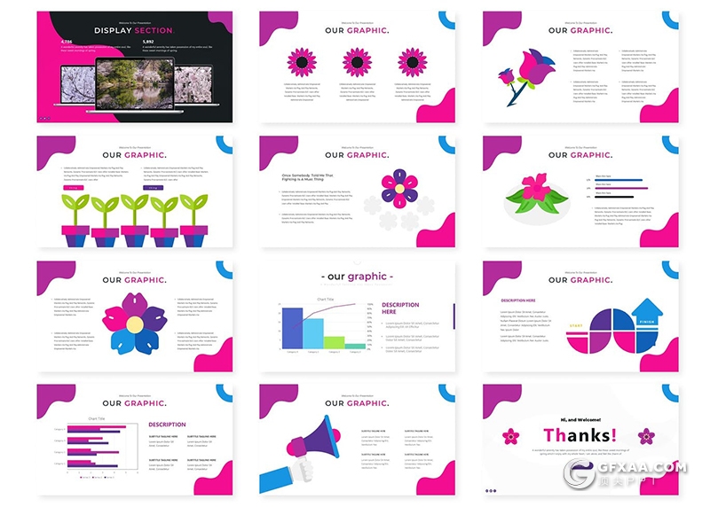 30页创意波浪图形鲜花行业主题PPT模板5种主题配色 - 顶尖PPT