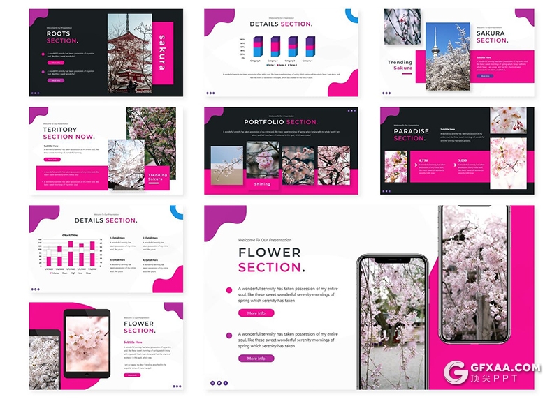 30页创意波浪图形鲜花行业主题PPT模板5种主题配色 - 顶尖PPT