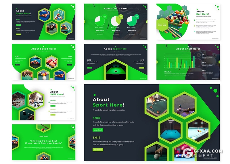 30页创意图形设计台球俱乐部宣传介绍PPT模板5种主题配色 - 顶尖PPT