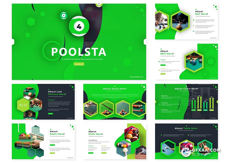 30页创意图形设计台球俱乐部宣传介绍PPT模板5种主题配色 - 顶尖PPT