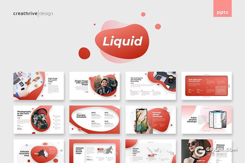 48页创意圆角液体图形商务多用途PPT模板5种主题配色 - 顶尖PPT