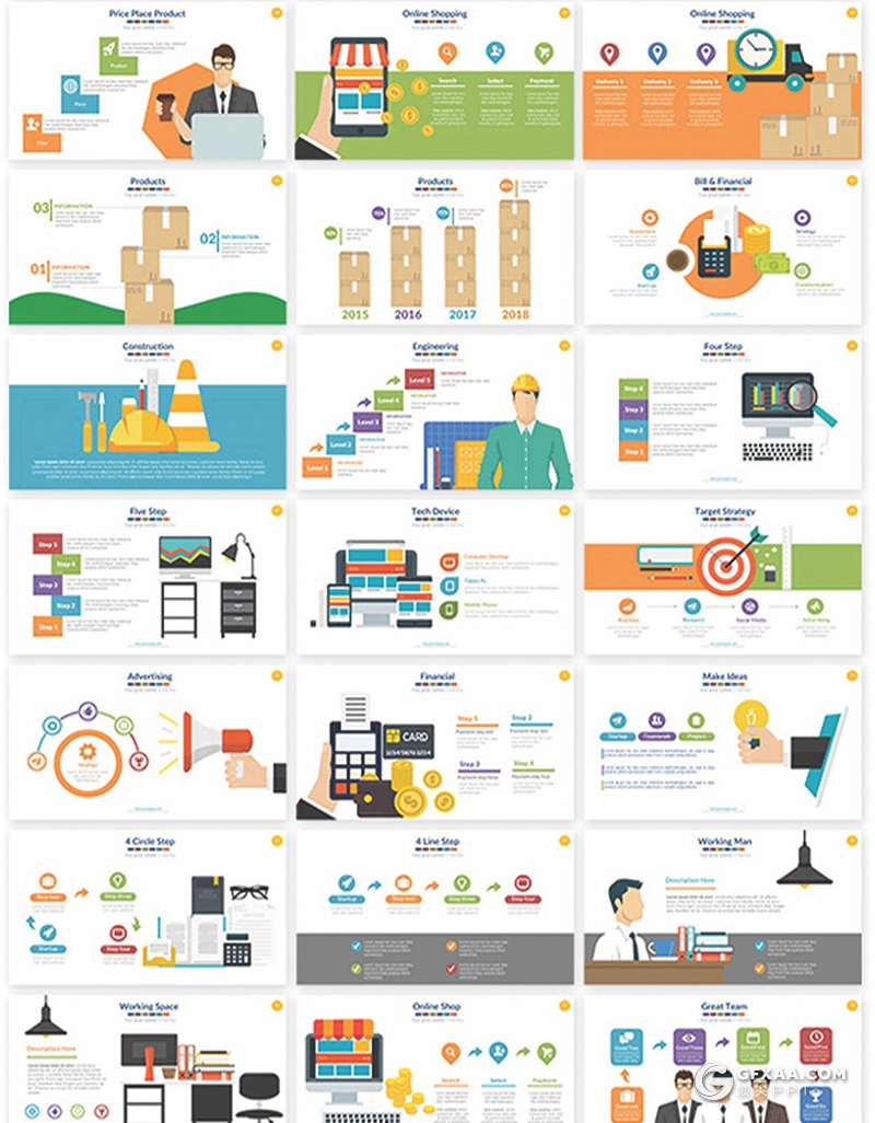 113页创意卡通商务概念插画ppt模板矢量可编辑卡通人物图形ppt模板100种XML配色1000个icon图标素材 - 顶尖PPT