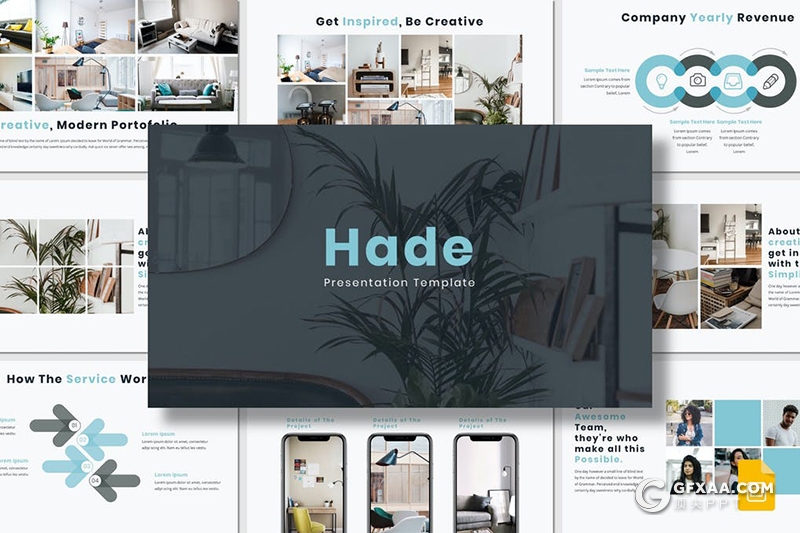 35页简约风格室内装修设计案例展示项目介绍Google slides模板5种配色 - 顶尖PPT