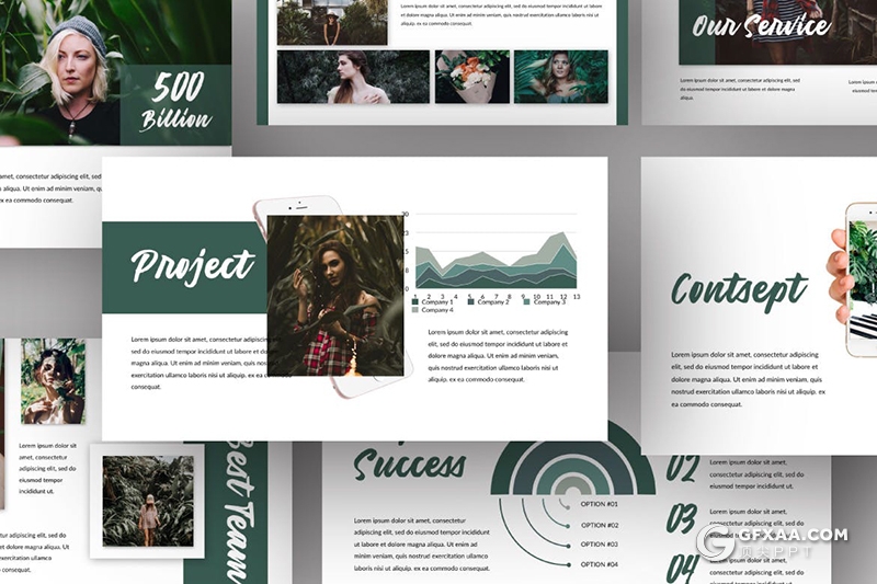 50页极简小清新文艺风格创意模特写真摄影展示keynote模板 - 顶尖PPT