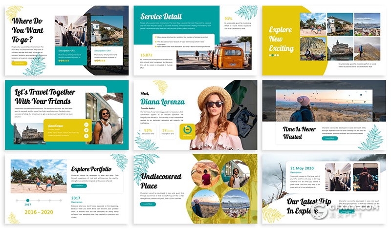 30页旅游度假景点介绍旅游公司活动促销展示Google slides模板5种主题配色 - 顶尖PPT
