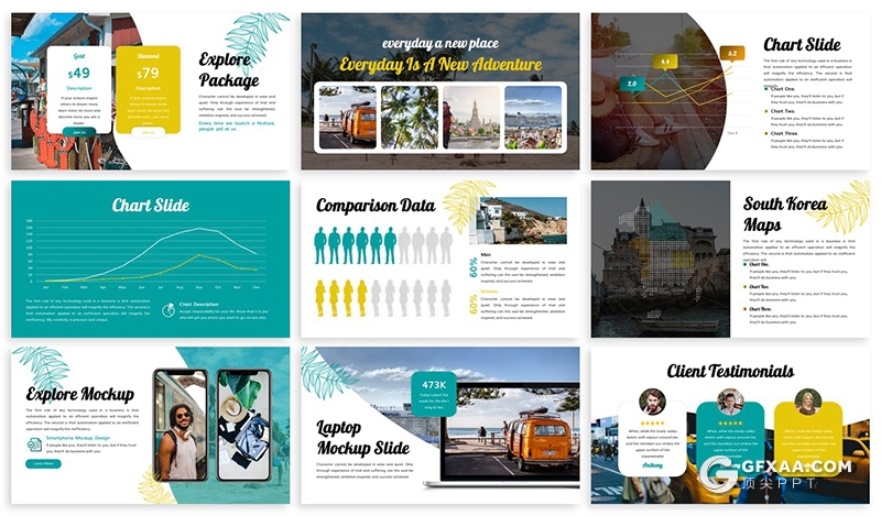 30页旅游度假景点介绍旅游公司活动促销展示Google slides模板5种主题配色 - 顶尖PPT