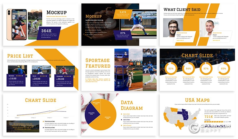 30页体育运动体育项目比赛介绍棒球比赛Google slides模板5种主题配色 - 顶尖PPT