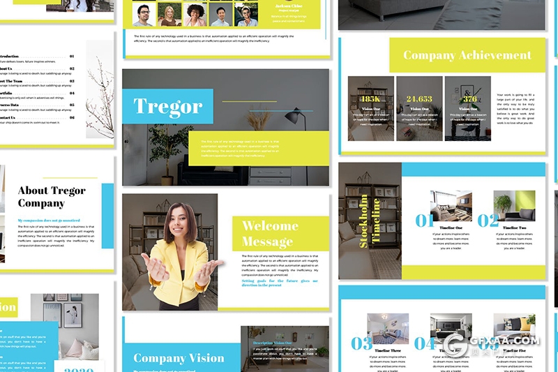 30页扁平化大色块设计企业团队介绍展示Google slides模板5种主题配色 - 顶尖PPT