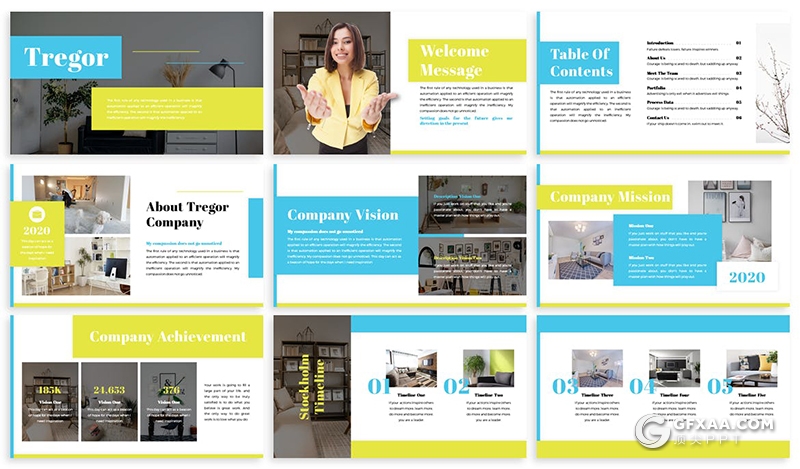 30页扁平化大色块设计企业团队介绍展示Google slides模板5种主题配色 - 顶尖PPT