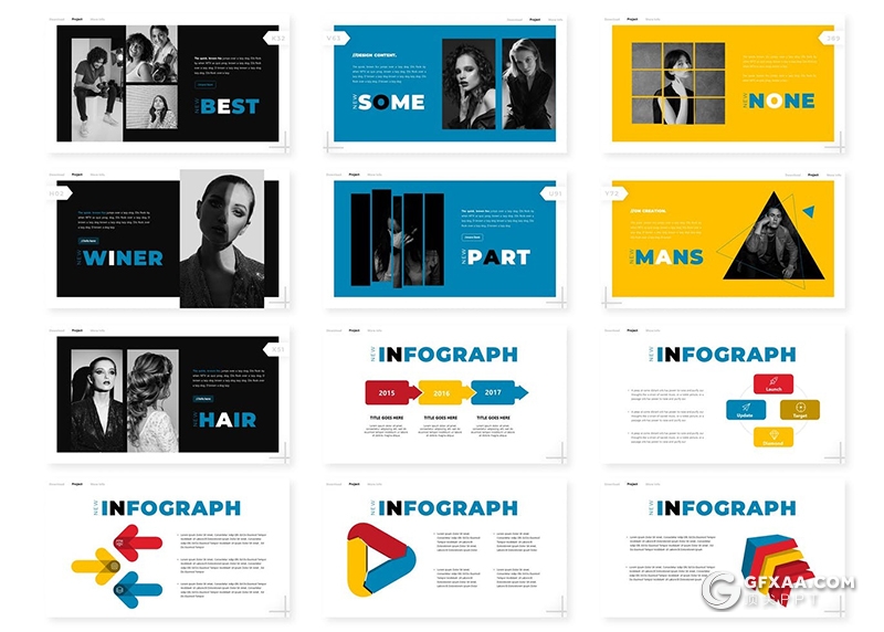 30页大标题搭配图片设计时尚杂志风Google slides模板5种主题配色 - 顶尖PPT