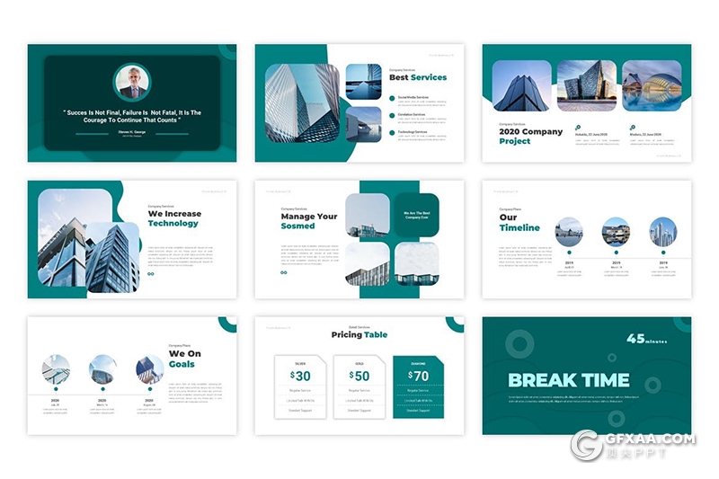 30页绿色创意图形设计国外商务风格企业公司简介ppt模板 - 顶尖PPT